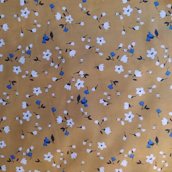 Petites fleurs en blanc et bleu, fond moutarde