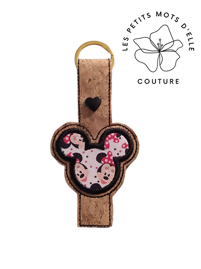 Porte-clef brodé tête de Mickey & Minnie en liège et simili