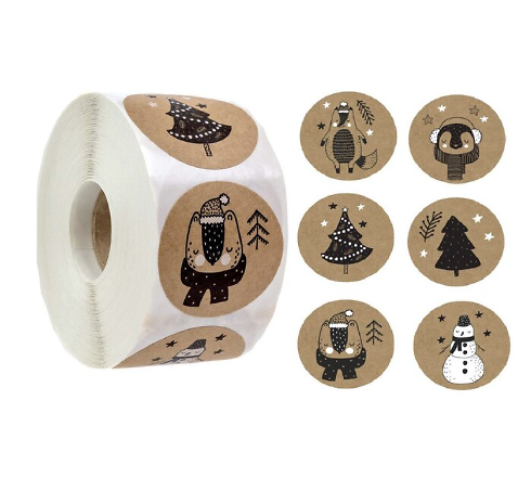 10 étiquettes rondes de Noël en kraft, noir et blanc 25mm