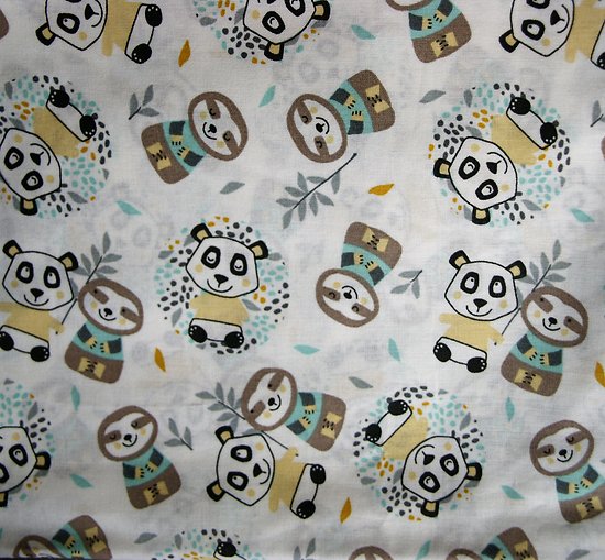 Petits pandas et bambous en gris, jaune, noir sur fond blanc