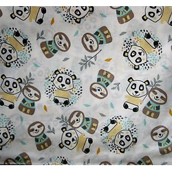 Petits pandas et bambous en gris, jaune, noir sur fond blanc