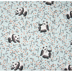 Tendres pandas et bambous en gris, rose, noir sur fond bleu clair