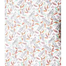 Oiseaux et feuillages stylisés en corail, orange et mint, fond blanc