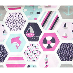 Dauphins, hexagones à motifs géométriques en bleu marine, violet, fuchsia, fond blanc