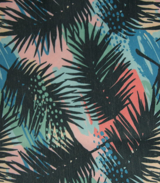 Grandes feuilles de palmier, fond rose, bleu, vert et corail