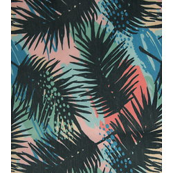 Grandes feuilles de palmier, fond rose, bleu, vert et corail