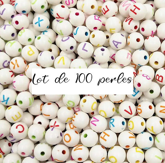 100 perles alphabet rondes en acrylique blanc et lettrage couleur - assortiment aléatoire