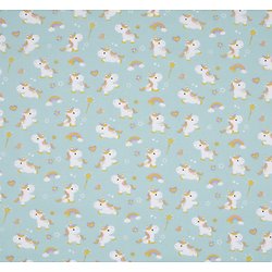 Drap de maternelle en coton  - imprimé licornes kawaï fond bleu ciel