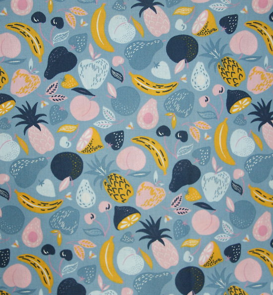 Coton fruits tropicaux en bleu, rose et jaune, fond bleu