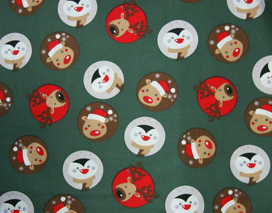 Pingouins, rennes et ours de Noël en rouge, gris et marron, fond vert