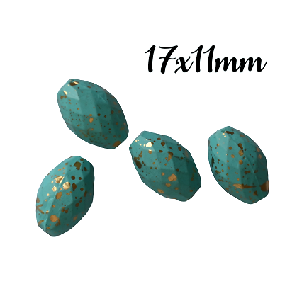 4 perles ovales à facettes en acrylique bleu turquoise mouchetées or 17x11mm