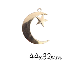 Grande breloque / pendentif lune et étoile en métal argenté 44x32mm