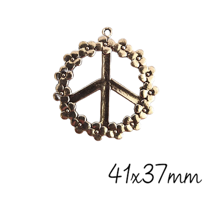 Grande breloque / pendentif Peace and Love fleuri en métal argenté 41x37mm