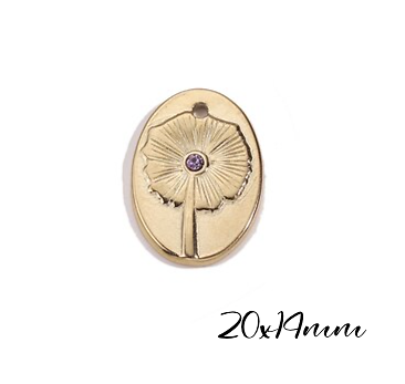 Breloque / pendentif médaillon ovale et fleur au brillant améthyste en acier inoxydable doré 20x14mm