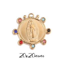 Breloque / pendentif médaillon rond Virgen de Guadalupe et zircons de couleur en acier inoxydable doré 20x20mm