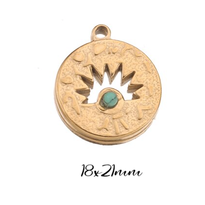 Breloque / pendentif médaillon rond et soleil avec perle de turquoise en acier inoxydable doré 18x21mm