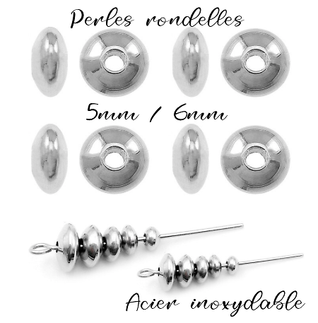 5 perles rondelles en acier inoxydable argenté 5mm / 6mm