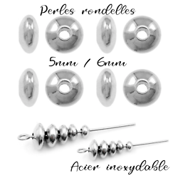 5 perles rondelles en acier inoxydable argenté 5mm / 6mm
