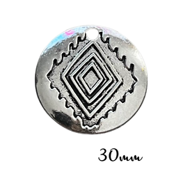 Grand médaillon rond et motif ethnique en métal argenté 30mm