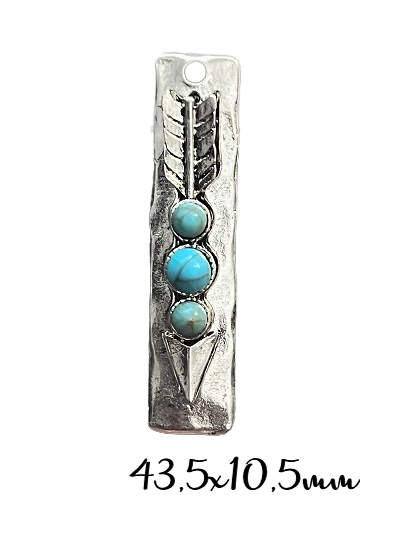 Pendentif ethnique long flèche et turquoise en métal argenté 43,5x10,5mm