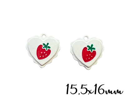Breloque médaillon coeur peint fraise 15,5x16mm