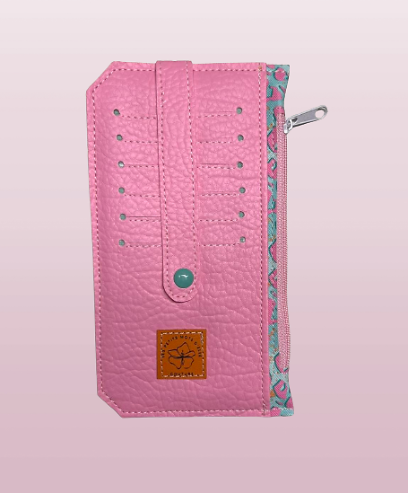 Porte-cartes 3-en-1 en simili cuir rose, simili cuir imprimé léopard et coton à pois mint