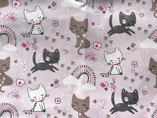 Petits chats et arc-en-ciels sur fond rose, tissu 100% coton
