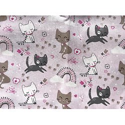 Petits chats et arc-en-ciels sur fond rose, tissu 100% coton