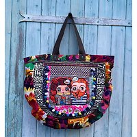 Grand sac tote bag demi-lune en lin coloré et patchwork haut en couleurs!