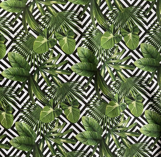 Feuillage tropical en vert sur fond blanc et noir à motifs géométriques