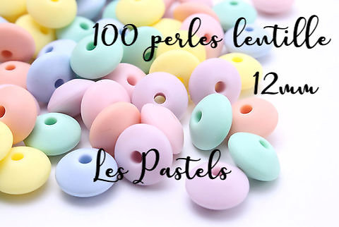 100 perles lentilles 12mm en silicone alimentaire sans BPA - les Pastels