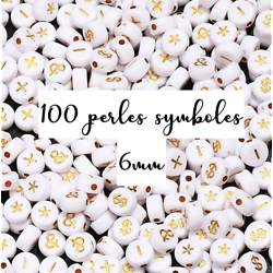 100 perles symboles rondes en acrylique blanc/doré 6mm