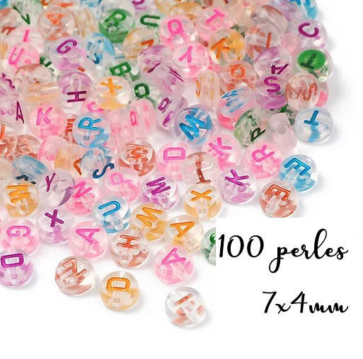 100 perles alphabet rondes en acrylique transparent et lettrage de couleur - assortiment aléatoire 7x4mm