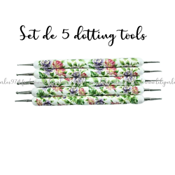 Pochette de 5 mirettes / dotting tools / embossoirs manches en bois et fleurs