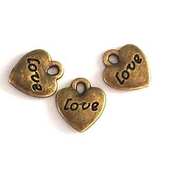 2 breloques coeur et "Love" en métal couleur bronze 11x9mm