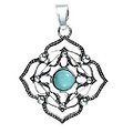 Grand pendentif chakra - fleur, coeur turquoise, en métal argenté