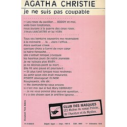 "Je ne suis pas coupable" Agatha Christie/ Bon état/ Club des Masques/ 1978/ Livre poche  