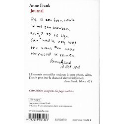 "Journal" Anne Frank/ Pages inédites/ Bon état d'usage/ 2004/ Livre poche 