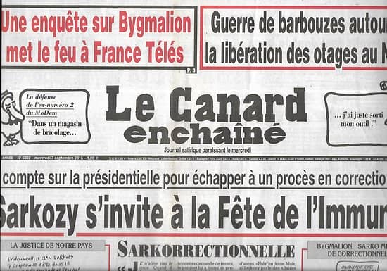 LE CANARD ENCHAINE n°5002 07/09/2016  Sarkozy s'invite à la fête de l'Huma/ Barbouzes au Niger