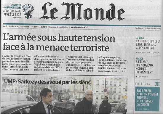 LE MONDE n°21789 05/02/2015  L'armée sous tension/ Antiterrorisme/ Sarkozy désavoué/ Universités & grandes écoles