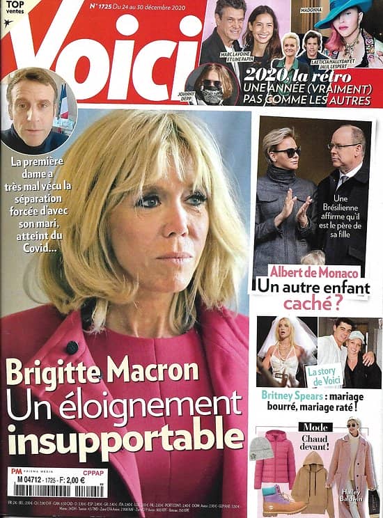 VOICI n°1725 24/12/2020  Brigitte Macron/ Rétro 2020/ Albert de Monaco/ Miss France 2021/ Britney Spears/ Norman