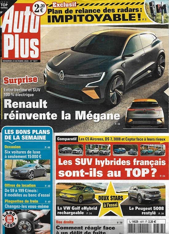 AUTO PLUS n°1677 23/10/2020  Renault réinvente la Mégane/ Les SUV hybrides français au top?/ Délit de fuite/ Plan Radars