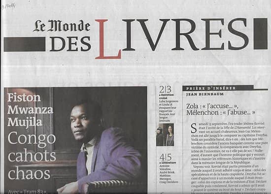 LE MONDE DES LIVRES 19/09/2014  Fiston Mwanza Mujila/ Olivier Adam/ Linda Lê & Luba Jurgenson/ Olivier Rollin