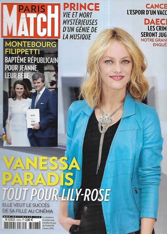 PARIS MATCH n°3493 28/04/2016  Vanessa Paradis, tout pour Lily-Rose/ Montebourg & Filipetti/ Hommage à Prince/ Elizabeth II, 90 ans/ Chasseurs de bourreaux