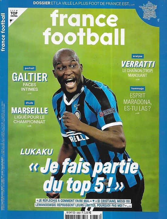 FRANCE FOOTBALL n°3883 08/12/2020  Lukaku décrypte son jeu et sa place/ Villes les plus "foot"/ Galtier/ Verratti/ Maradona
