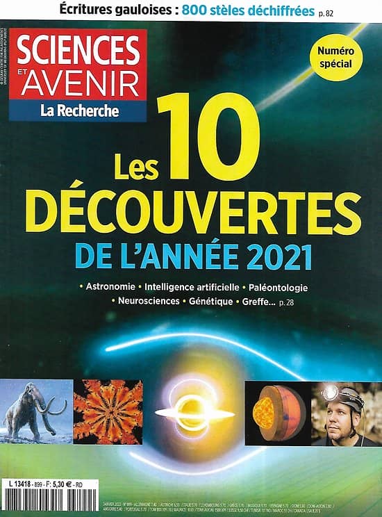 SCIENCES ET AVENIR n°899 janvier 2022  Les 10 découvertes de l'année 2021/ Antiviraux/ Capter le CO2/ Exploration lunaire/ Stèles gauloises