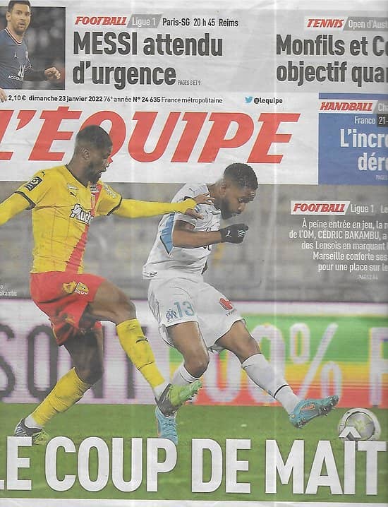 L'EQUIPE n°24635 23/01/2022  Lens-Marseille: Le coup de maître/ Messi, premier bilan/ Zlatan Ibrahimovic/ Gaël Monfils/ Stéphanie de Monaco