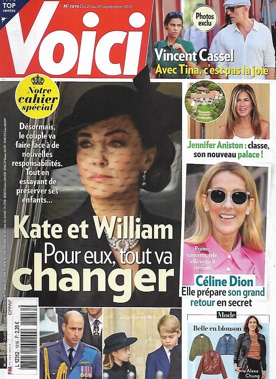 VOICI n°1816 21/09/2022  Spécial famille royale d'Angleterre/ Céline Dion/ Vincent Cassel/ Augustin Trapenard/ Gisele Bündchen