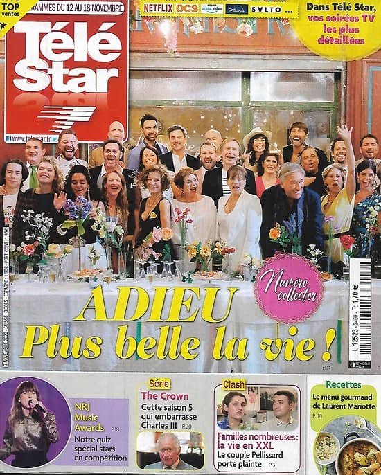 TELE STAR n°2406 12/11/2022  Adieu "Plus belle la vie"!/ NRJ Music Awards/ "The Crown"/ Daniel Day-Lewis/ Gwendoline Hamon/ Hugo Becker