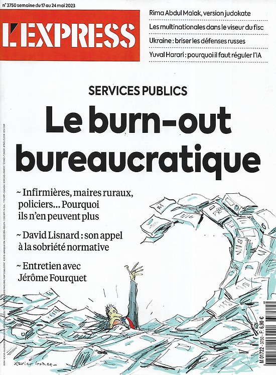L'EXPRESS n°3750 17/05/2023  Services publics: Le burn-out bureaucratique/ Yuval Harari et la régulation de l'IA/ Guerre en Ukraine/ Vacances & écologie